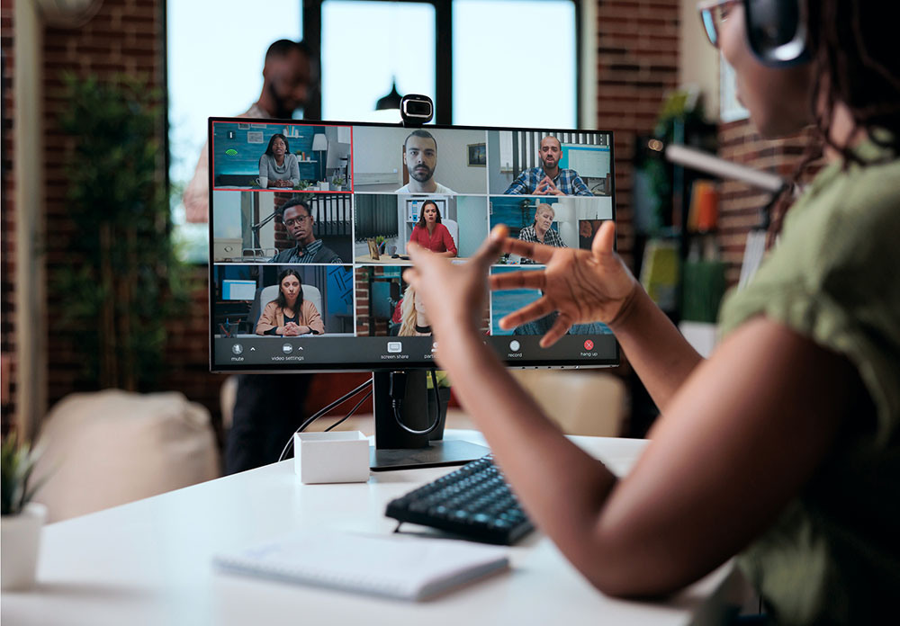 Intensive image woman on computer zoom