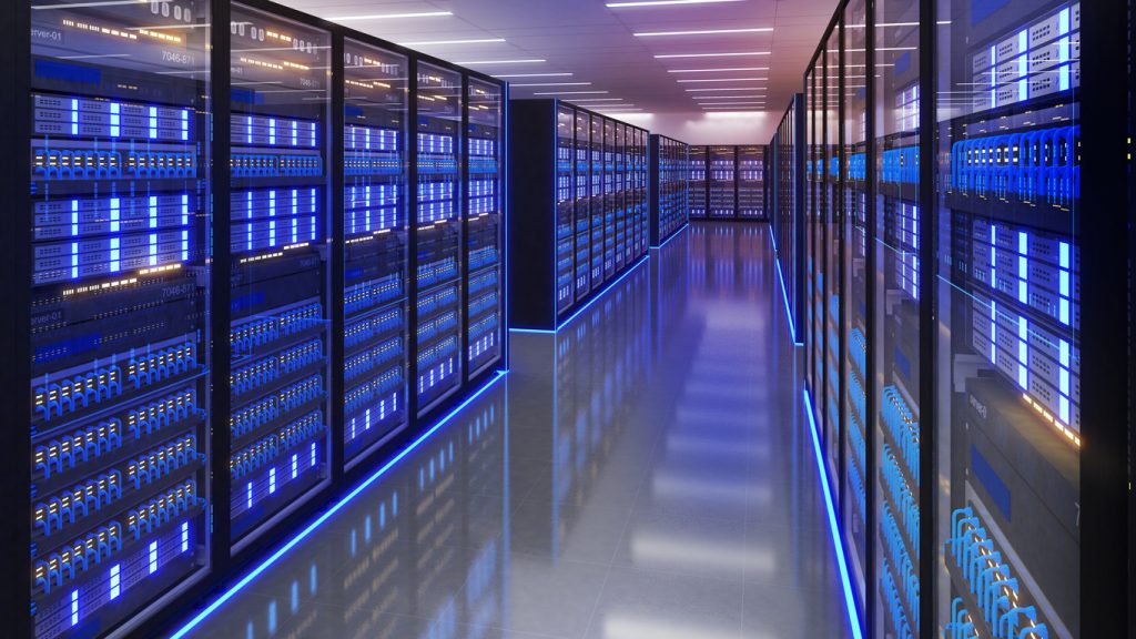 Shot of Data Center With Multiple Rows of Fully Operational Server Racks. Modern Telecommunications, Artificial Intelligence,server room,3d rendering stock photo...